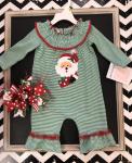 Bonnie Baby Santa Green Stripe Romper #X07299-CL (0-3  to 18-24