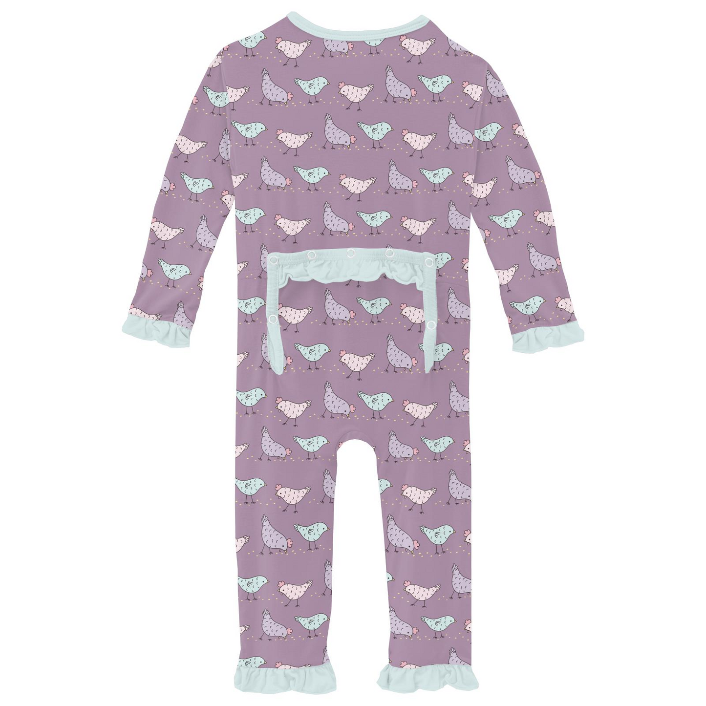 Kickee Pants Girl Ruffle Coverall w/2way zipper Lavender Chickens