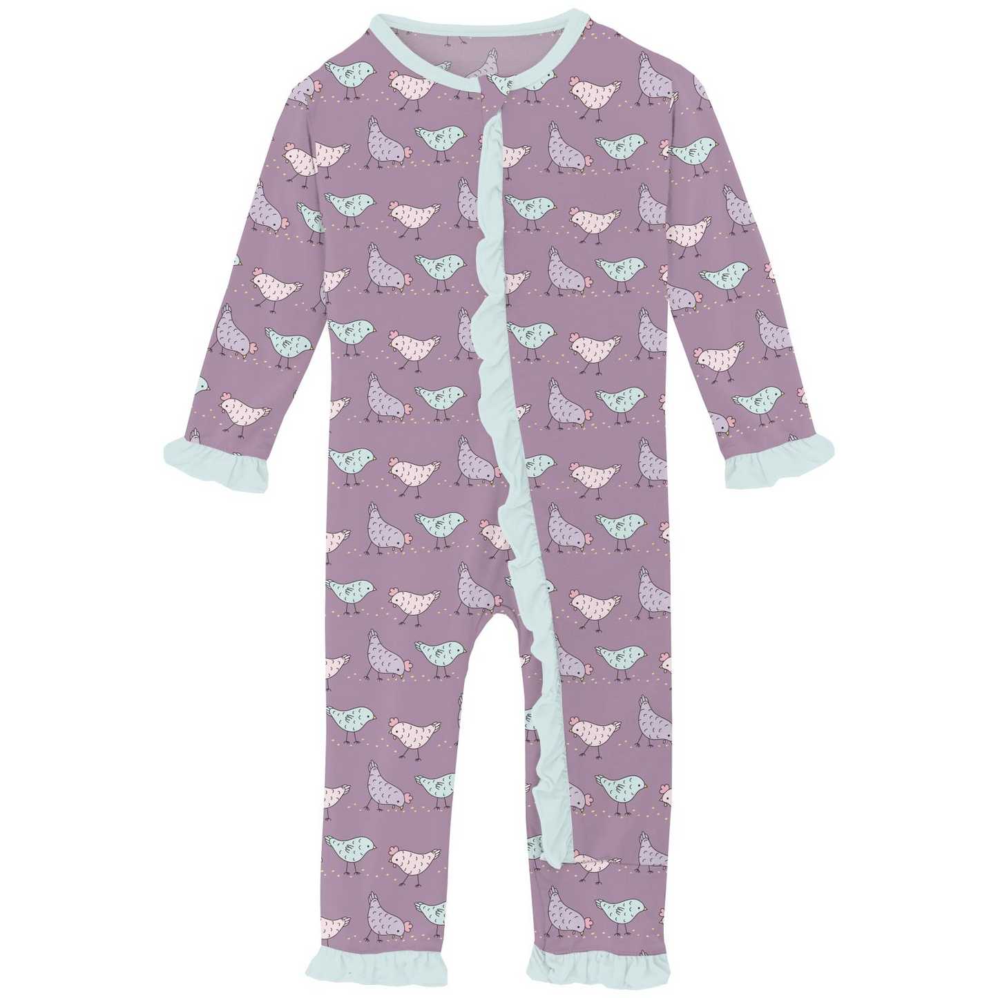 Kickee Pants Girl Ruffle Coverall w/2way zipper Lavender Chickens