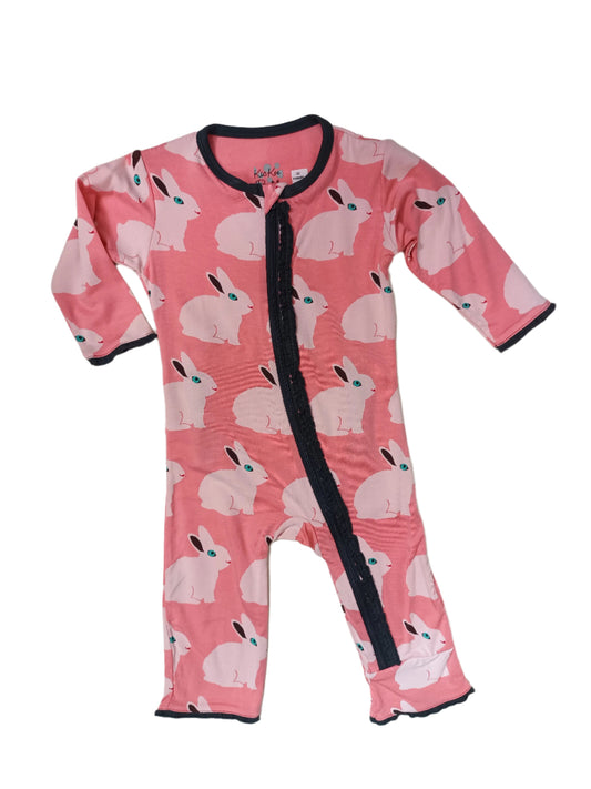 Kickee Pants Ruffle Coverall w/zipper Strawberry Forest Rabbit