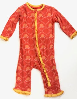 Kickee Pants Girl Ruffle Coverall w/Zipper Poppy Marigold Lattice