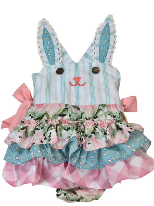 Be Girl Flora Bubble Sunsuit Romper w/ruffles and Rabbit Face