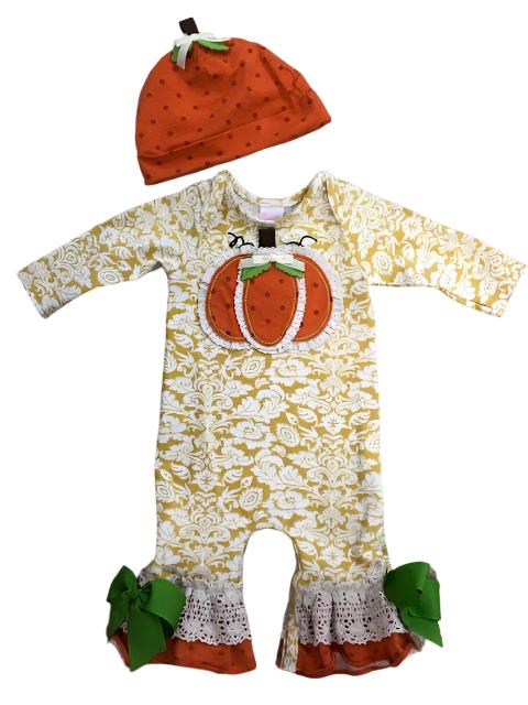 Peaches N Cream Romper 2pc set Gold & White w/ Pumpkin Applique