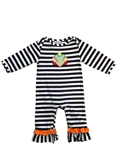 Three Sisters Romper Brown & White Stripe w/ Turkey Applique