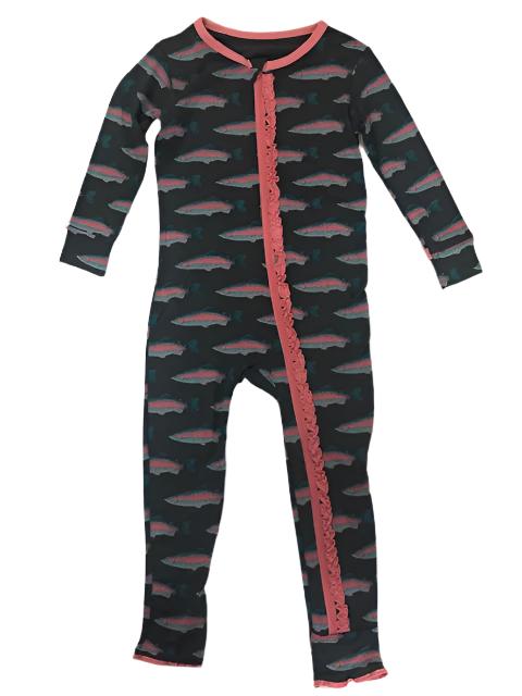 Kickee Pants Ruffle Coverall w/zipper Stone Rainbow Trout