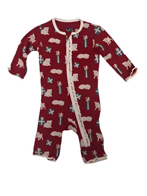 Kickee Pants Ruffle Coverall w/zipper Crimson Puppies & Presents