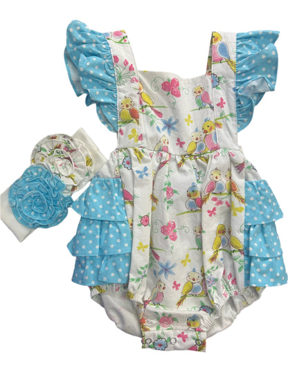 Serendipity Blue Polka dot/Bird Bubble Romper w/matching Headband #1872