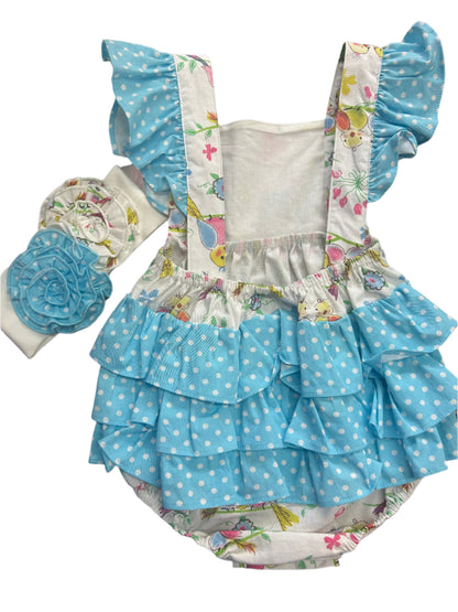 Serendipity Blue Polka dot/Bird Bubble Romper w/matching Headband #1872