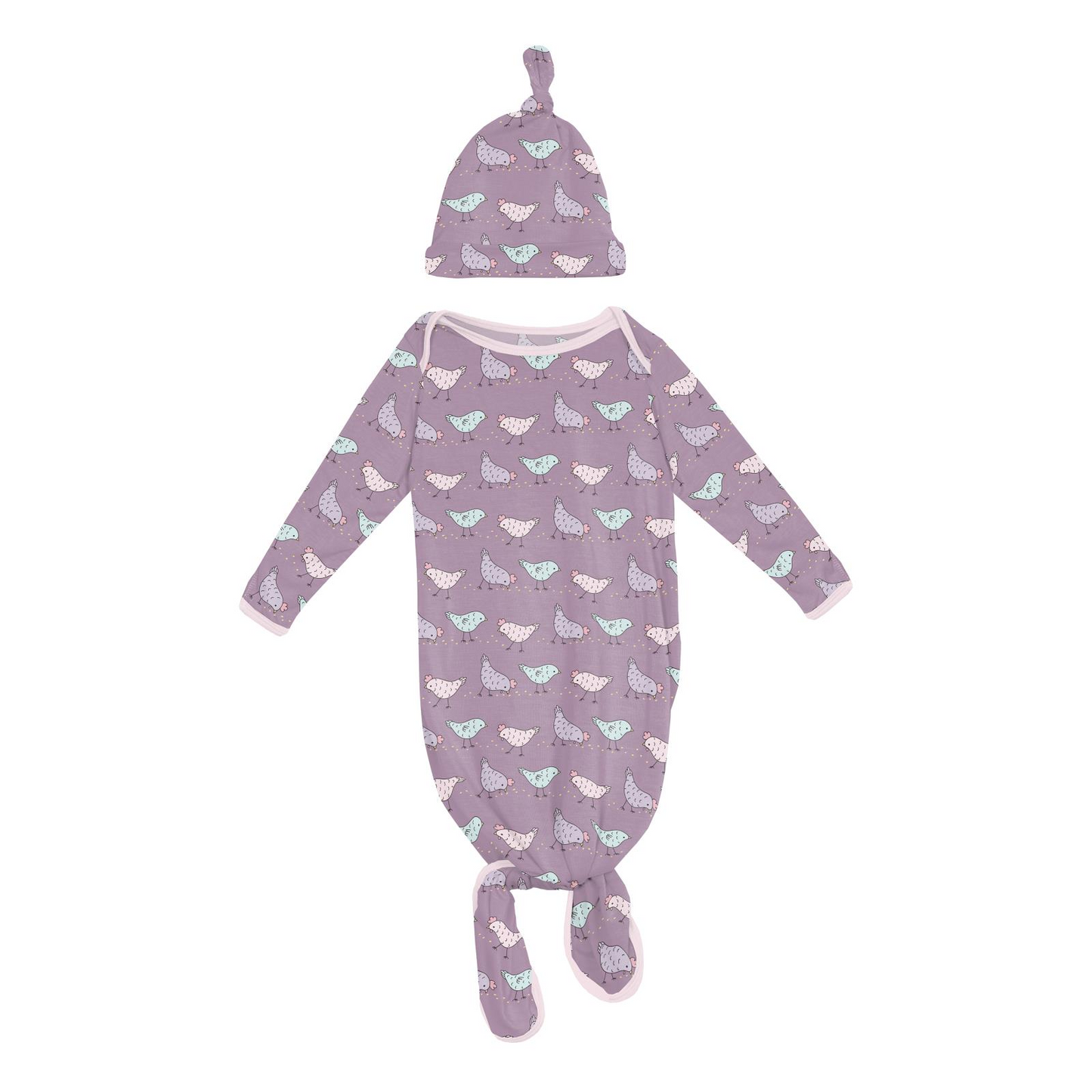 Kickee Pants Layette Gown & Hat Set Lavender Chickens