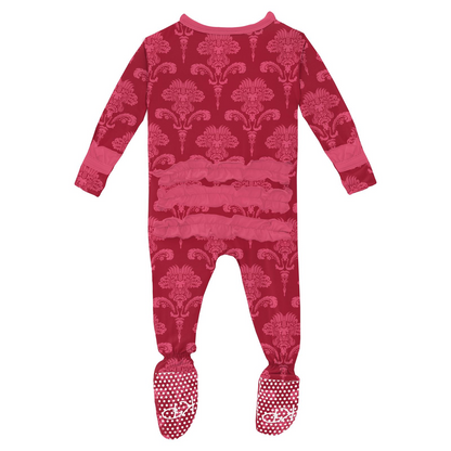 Kickee Pants Girl Ruffle Footie w/2way zipper Crimson Damask