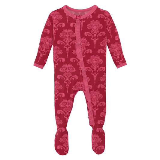 Kickee Pants Girl Ruffle Footie w/2way zipper Crimson Damask