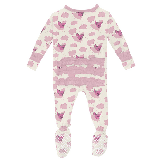 Kickee Pants Ruffle Footie Natural Flying Pigs