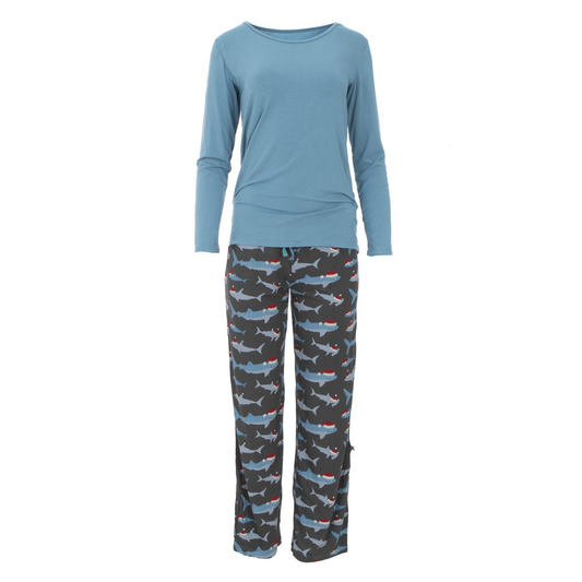 Kickee Pants Women L/S PJ Set Pewter Santa Shark