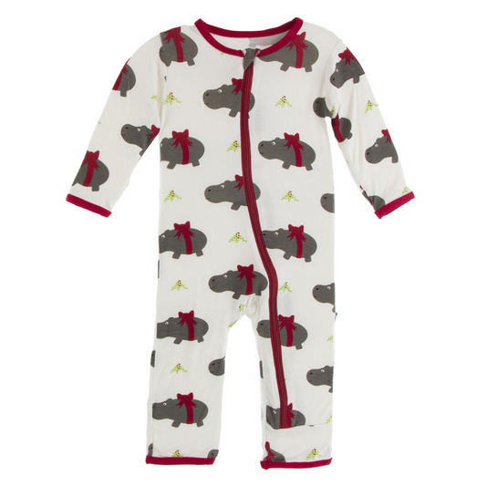 Kickee Pants Boy Coverall w/zipper Natural Christmas Hippo