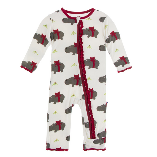 Kickee Pants Girl Ruffle Coverall w/zipper Natural Christmas Hippo