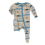 Kickee Pants Boy Footie w/Zipper Burlap Sharks