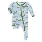 Kickee Pants Boy Footie w/Zipper Pond Airplanes w/Moss Trim