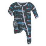 Kickee Pants Boy Footie w/Zipper Pewter Santa Sharks