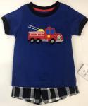 Child of Mine Shorts Set Applique Fire Truck Blue Shirt Plaid Shorts