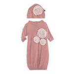 KK Dahlia Flower Layette Gown & Flower Hat Set Antique Pink and Baby Rose