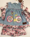 Millie Jay 2 pc Applique Bicycle Blue Stripe Pink Floral side ties and Pink floral ruffle shorts