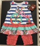 Millie Jay 2pc Shorts Set Applique Dog & Bicycle Blue & White Stripe Coral Shorts