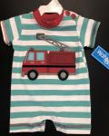 Wally & Willie Applique Fire Truck Romper Green and White Stripe